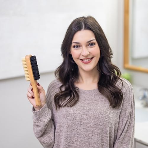 GranNaturals Double Sided Boar Bristle Hair Brush - Soft Hard Finishing & Smoothing Hairbrush for Slick Back Hair to Style, Polish, & Lay Down Hair Flat to Create a Sleek Hairstyle for Bun, Slickback