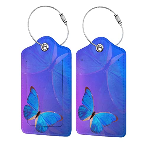 Blue and Purple Luggage Tags with Butterfly Print, Beautiful Violet Suitcase Tags with Privacy Cover Id Card Stainless Steel Loop, 2 Pack Identifiers Tags with Name ID Labels for Women Girls Travel