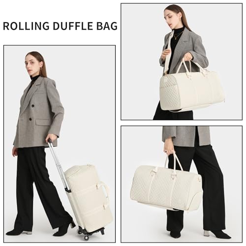 Rolling Duffel Bags with Wheels,Waterproof Duffle Bags with Removable Rollers Carry on Duffel Bag with Wheels Leather Duffle Bags with Shoes Compartment for Men and Women Brown