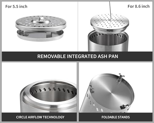 PANDAHOME Smokeless Tabletop Fire Pit with Foldable Stands | Fireplace for Urban&Suburbs | Fueled by Pellets or Wood, Durable Stainless Steel with Travel Bag, Safe Burning, 10 x8.6 IN, 2.8 lbs, Silver