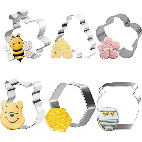 KUKIFUN 6Pack Bee Cookie Cutters Set, Bee,Beehive,Honey Jar,Winnie the Pooh,Flower Shapes Stainless Steel Biscuit Molds for Honey Bee Party Baking Muffins Sandwiches Cake Fondant Birthday Decoration