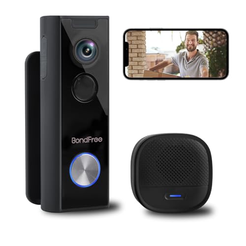 BondFree Doorbell Camera Wireless with Wireless Chime, Doorbell Mount, Video Doorbell HD, 2.4GWiFi, 2-Way Audio, Night Vision, Cloud SD Card Storage, Compatible with Alexa,Google Assistant, Black