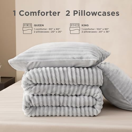 Andency Queen Comforter Set, Fluffy Super Soft Light Grey Comforter for Queen Size Bed, Winter Warm Fleece Faux Fur Bedding Set, Luxury Plush Fuzzy Bed Set 3pcs (1 Shaggy Comforter, 2 Pillowcases)