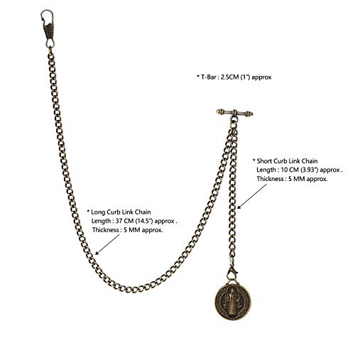 TREEWETO Men's Double Albert Chain Pocket Watch Curb Link Key Chain 2 Hooks with Antique St. Benedict Pendant Design Charm Fob T Bar, Bronze