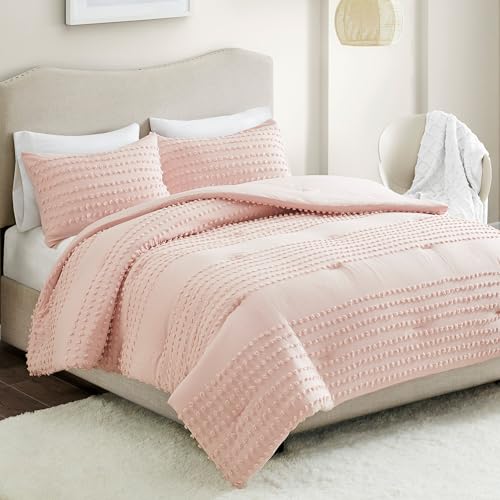Comfort Spaces Cotton Comforter Set Jacquard Pom-Pom Tufts Design, Down Alternative, All Season Modern Bedding, Matching Shams, Twin/Twin XL, Phillips, Blush