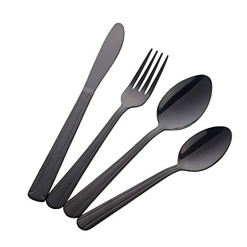 Black Flatware Stainless Steel Silverware Spoons Forks Knife Kitchen Eating Utensils Mirror Polish Dishwasher Safe (Black, Service for 8)