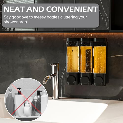3-Chamber Wall Mounted Shampoo and Conditioner Dispenser,300ML Each Shower Soap Dispenser,Easy Refill,No Drip,Ideal for Shampoo,Conditioner,Body Wash for Bathroom Kitchen Hotel