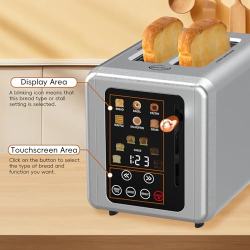 Touch screen Toaster 2 slice, Stainless Steel Digital Timer Toaster with Sound Function, 6 Bread Types & 6 Shade Settings, Smart Extra Wide Slots Toaster with Bagel, Defrost Functions (grey)