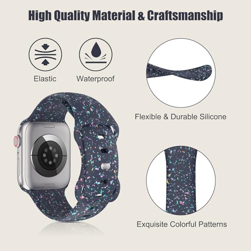 MoKo Watch Strap Compatible with Apple Watch Series 9 8 7 6 5 4 3 2 1 SE 38/40/41mm, Colorful Flakes Pattern Silicone Band Replacement Sport Wristband, Dark Blue