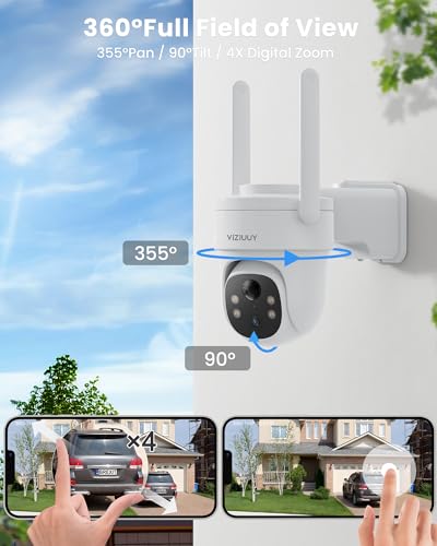 VIZIUUY Solar Security Cameras Wireless Outdoor, 3MP Pan Tilt 360°WiFi Camera with Color Night Vision/PIR Sensor/2-Way Audio/Alexa/Google Assistant