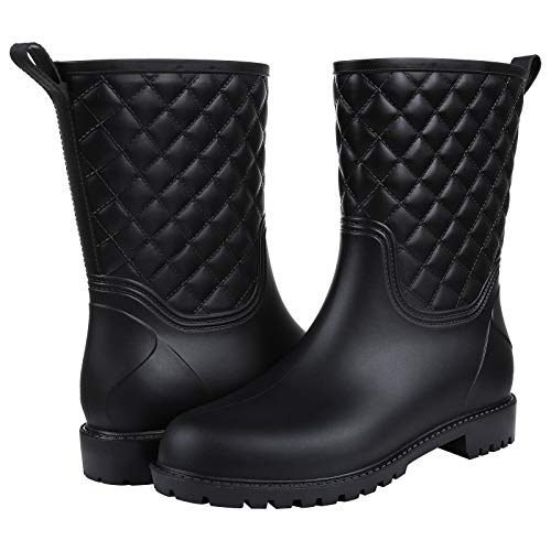 Women's Mid Calf Black Rain Boots Waterproof Lightweight Garden Shoes, 6 Size