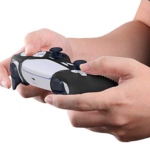 ECHZOVE PlayStation 5 Controller Cover Case, Anti-Slip Silicone Cover Skin Compatible with PS5 Dual Sense Controller with Thumb Grip Caps, Joystick Protectors and Cover Wrap Sticker - Black