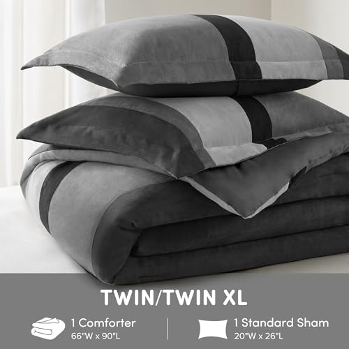 Comfort Spaces Twin Comforter Set, 2 Piece Luxe Microsuede, Pieced Design Color Block Stripes Bedding Comforter Sets, Winter Soft Brushed Microfiber Reverse, Matching Sham, Twin/Twin XL, Black