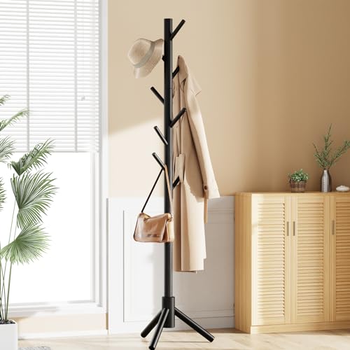 Pipishell Sturdy Wooden Coat Stand, 3 Adjustable Sizes Coat Tree with 8 Hooks, Coat Stands for Hallway Entryway, Hat Stand for Clothes, Used in Bedroom/Office/Hallway/Entryway, Black