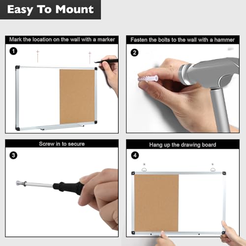 DumanAsen Combination Whiteboard & Cork Board Bulletin Board, 16 x 24 inches Magnetic Whiteboard and pin Boards for Wall, Includes Markers, Eraser, Pen Tray, 6 Pushpin (Combination A)