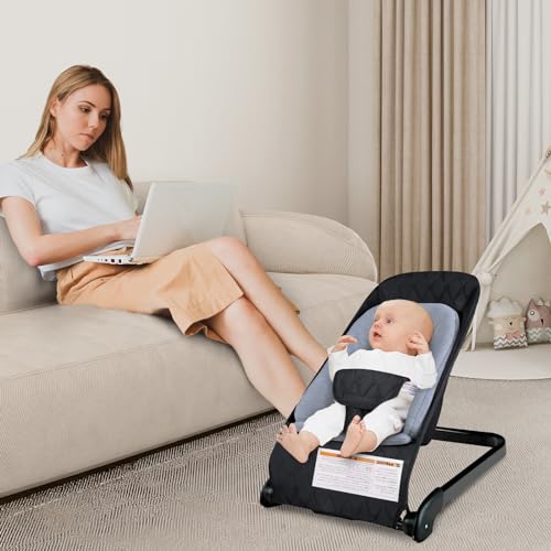 Kinder King Portable Baby Bouncer, Foldable Bouncer Seat w/Thickened Soft Cushion, 3-Point Harness, Lightweight Newborns Bouncy Seat, Black