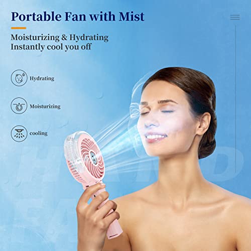 HandFan 2023 Upgraded Portable Misting Fan, 34ml Handheld Personal Mister Fan Rechargeable, Battery Operated Spray Water Mist Fan, Mini Electric Cooling Fans for Makeup Travel Outdoors Disney(Pink)