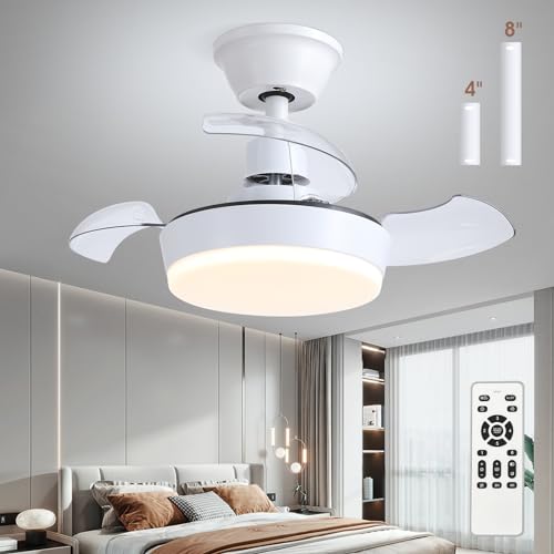 MADSHNE 24" Small Retractable Blades Ceiling Fans with Remote Control,Modern White Fandelier Ceiling Fans with Dimmable LED Lighting for Dining Room,Kitchen,Reversible