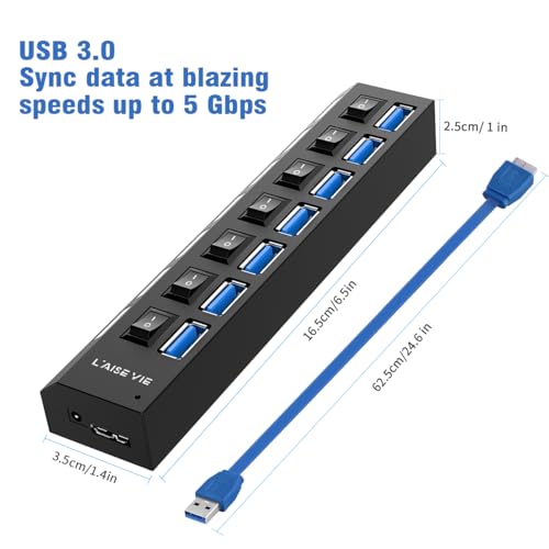 USB 3.0 Hub, 7 Ports USB Splitter USB A Port Data Hub with Independent On/Off Switch and LED Indicators, Lights for Laptop, PC, Computer, Mobile HDD, Flash Drive and More
