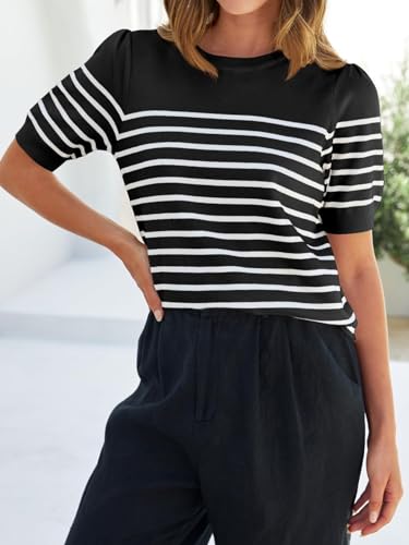 ZESICA Women's Casual Striped Tops Short Sleeve Crew Neck Ribbed Knit T Shirts Comfy Loose Basic Pullover Sweater,Black,Small
