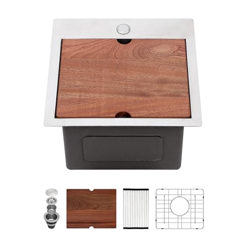 Sarlai 15 Bar Sink Drop In -15x15 Inch Kitchen Bar Sink Stainless Steel 16 Gauge Ledge Workstation Single Bowl Topmount Kitchen RV Wet Bar Outdoor Camper Small Drop Sink