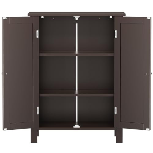 ZENY Bathroom Floor Storage Cabinet with Double Door + Adjustable Shelf, Wooden Organizer Cabinet for Living Room, Bathroom, Bedroom, Modern Home Furniture (Brown)