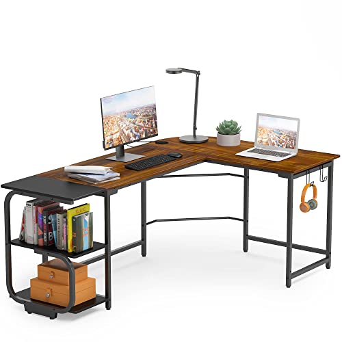 Merronix L Shaped Desk with Storage Shelves, Reversible Corner Computer Desk for Home Office, Modern Gaming L Desk with Spacious Desktop, Teak