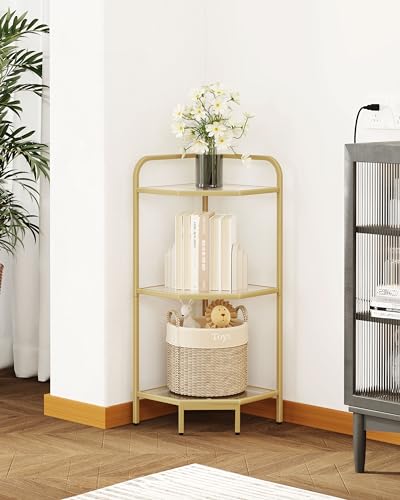 Hzuaneri Corner Shelf Stand, Glass Bookshelf Bookcase, Bathroom Organizer, Plant Stand, Steel Frame, Tempered Glass, Modern Style for Living Room, Bathroom, Kitchen, 3-Tier Golden CS90300A