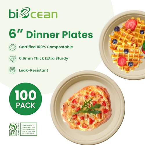 biocean 6 Inch Compostable Plates 100 Pack Heavy Duty Compostable Paper Plates, Eco-Friendly Sugarcane Bagasse Plates, Natural Brown, Ideal for Dinners, Events, and Weddings