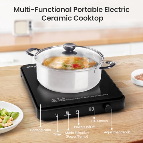 Olayks Portable Induction Cooktop, Countertop Burner Hot Plate 1500W With Sensor Touch, Electric Induction Cooker With 9-Level Adjustment, 3-Hour Timer, Auto-Shut-Off, LED Display, Auto Pot Detection