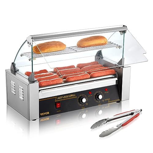 VEVOR Hot Dog Roller, 12 Hot Dog Capacity 5 Rollers, 750W Stainless Steel Cook Warmer Machine with Cover & Dual Temp Control, LED Light & Detachable Drip Tray, Sausage Grill Cooker