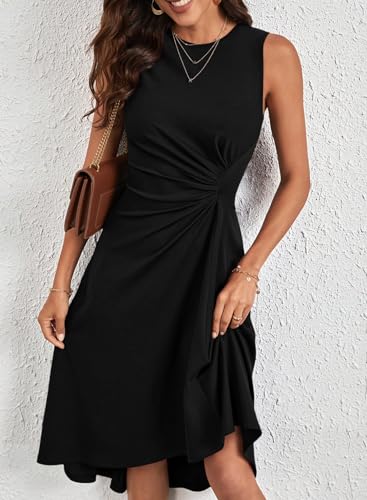 Happy Sailed Cocktail Dresses for Women 2024 Summer Sleeveless Ruched Waist High Waist Sexy Slim Fit Irregular Hem A-Line Skater High Low Formal Midi Dress Black Small