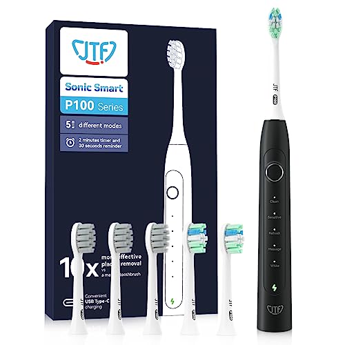 JTF Electric Toothbrush for Adults, Sonic Electric Toothbrushes with 6 Brush Heads, One Charge Last 90 Days, 5 Modes with 2 Minutes Built in Smart Timer, Power Rechargeable Toothbrush(Black)