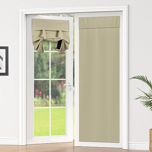 LazBlinds 100% Blackout Door Curtains, Self Stick Tie up French Door Curtain for Privacy, Room Darkening Window Drape Front Door Sidelight Glass Door Curtain Panels, 26W x 69L, 1 Panel, Beige
