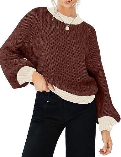 ZESICA Women's Casual Long Sleeve Crew Neck Pullover 2024 Fall Ribbed Knit Loose Contrast Color Sweater Tops,Purple,Medium