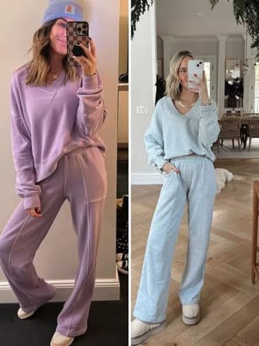 Fiosew Womens 2 Piece Sweat Set Sweatsuits V Neck Sweatshirt Pocketed SweatPants Casual Sport Tracksuits