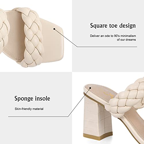 Athlefit Women's Braided Heels Square Toe Strappy Braided Sandals Slides Slip On Woven Block Tan Heels Size 11