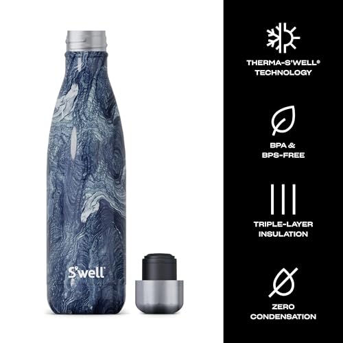 S'well Stainless Steel Water Bottle, 17oz, Azurite Marble, Triple Layered Vacuum Insulated Containers Keeps Drinks Cold for 36 Hours and Hot for 18, BPA Free, Perfect for On the Go