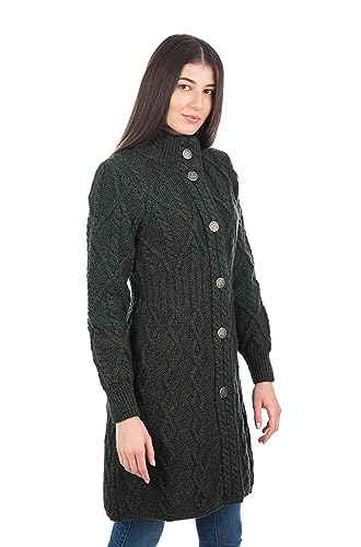 SAOL 100% Merino Wool Aran Cable Long Knit Women Cardigan Coat with Celtic Knot Buttons (Army Green, X-Small)