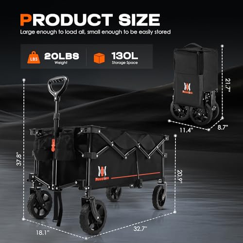 Navatiee Collapsible Folding Wagon, Wagon Cart Heavy Duty Foldable with Two Drink Holders, Utility Grocery Wagon for Camping Shopping Sports, S2, Black