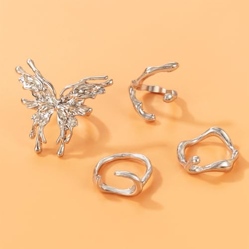 Kasmena 4Pcs Silver Butterfly Knuckle Rings for Women,Stackable Rings Silver Butterfly Ring Set Adjustable Silver Rings Personality Ring Fine Jewelry for Women Accessories Gift