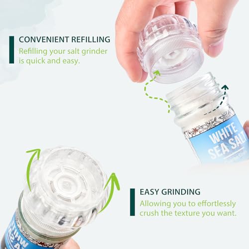 Soeos Sea Salt 3.5 oz + Black Peppercorns 1.8 oz, Salt for Grinder Refill, Salt and Peppercorns, Pepper Grinder Refill, Non-GMO Spice Seasoning Set For Cooking (150g Grinders, Glass Bottle)
