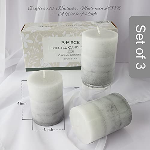 CRYSTAL CLUB Scented Pillar Candles, Aromatherapy Creamy Coconut Scented Candles, Clean Burning and Dripless Heritage Fragrance Candle, Tall 3x4 Inch Candles for Summer Home Party Décor