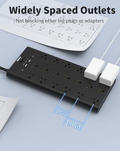 Power Strip Surge Protector Outlet Extender with 19 Outlets and 4 USB Ports (2 USB C), 6.5 Ft Extension Cord & Flat Plug, 2100 Joules, Wall Mount for Home, Office, Dorm, Black