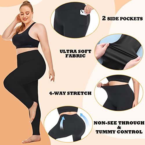 NEW YOUNG 3 Pack Plus Size Leggings with Pockets for Women,High Waist Tummy Control Workout Yoga Pants (X-Large, Black/Navy/Grey)