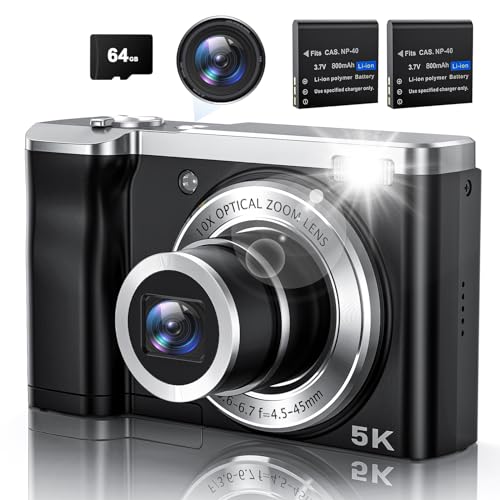 5K Digital Camera with 64GB Card, Touch Screen & 10X Optical Zoom, 56MP Front and Rear Camera with Autofocus 6-axis Anti-Shake, Selfie Vlogging Camera for Photography and Video, Ultra Bright Flash