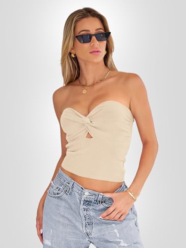 EFAN Womens Tube Tops Going Out Cut Out Twist Knot Front Bandeau Ribbed Knit Y2K Strapless Tank Bustier Corset Tops LightGreen M
