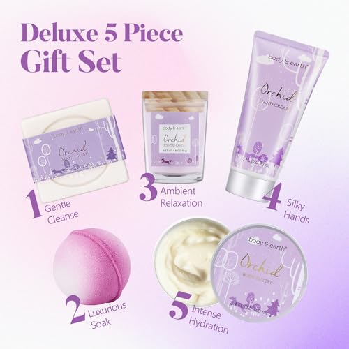 Spa Gifts for Women, Body & Earth 5 Pcs Gifts for Women Orchid Gift Set for Women, Bath and Body Gifts Set, Birthday Gifts for Women, Self Care Bath Gifts Kit