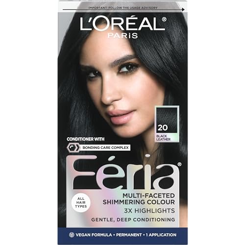 L'Oreal Paris Feria Multi-Faceted Shimmering Permanent Hair Color, 20 Black Leather (Natural Black), Pack of 1, Hair Dye