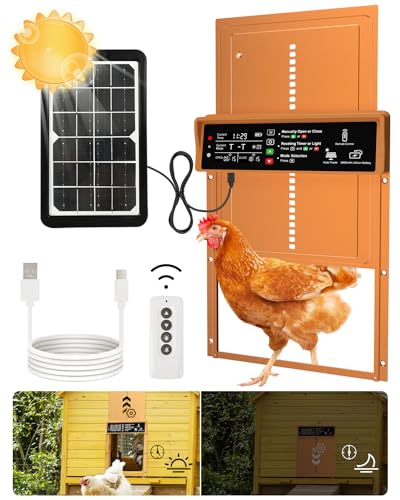 Asfrost Automatic Chicken Coop Door Solar Powered Automatic Chicken Door with Timer & Light Sensor, Anti-Pinch, Durable Aluminum Auto Chicken Door, Charge with Solar Panel & USB - Brown